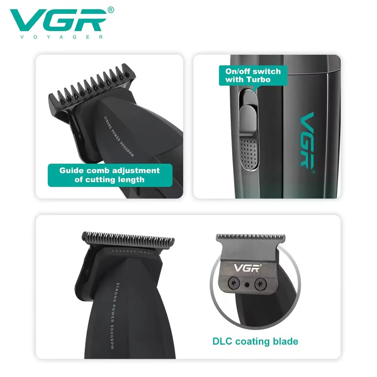 Tondeuse à barbe électrique originale VGR 0 mm en métal pour hommes, tondeuse électrique pour le corps et le visage, coupe de cheveux rechargeable