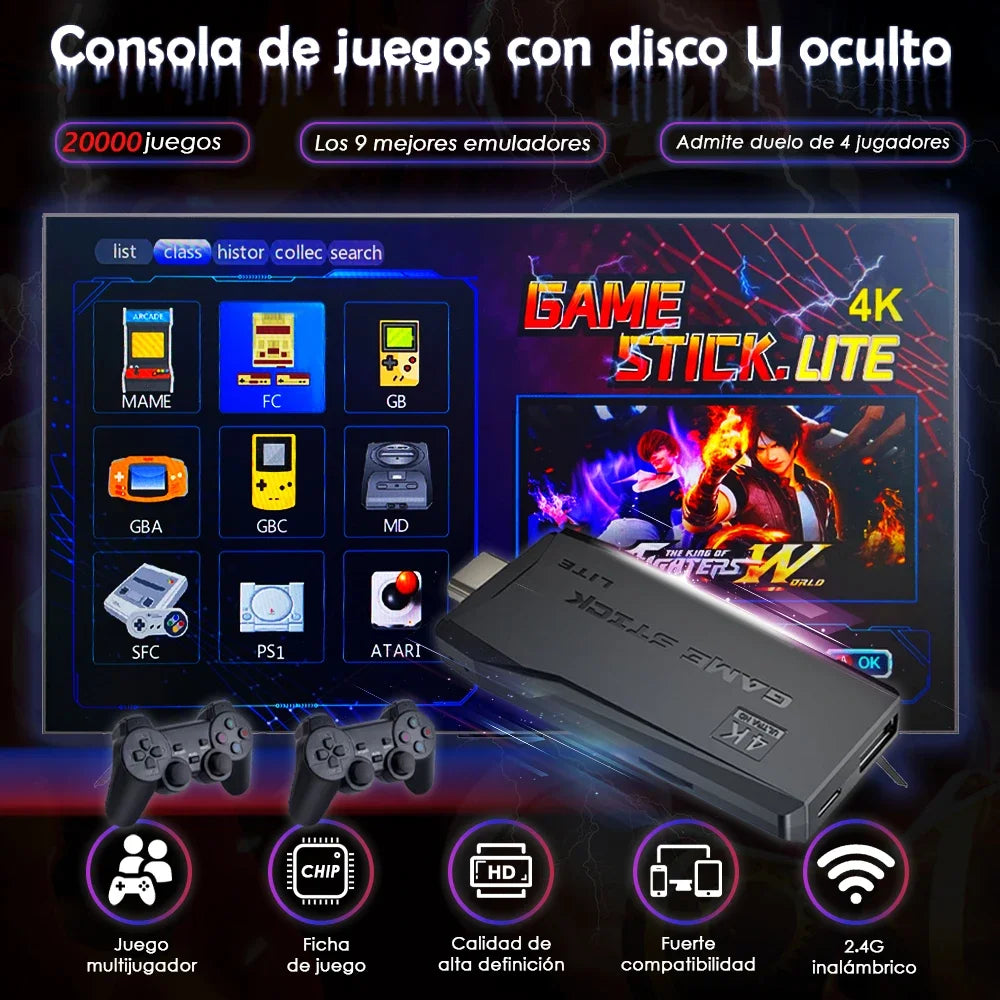 Console de jeux vidéo rétro M8 Game Sticks, double manettes sans fil 2,4 g, 4K, 20 000 jeux, 64 Go.